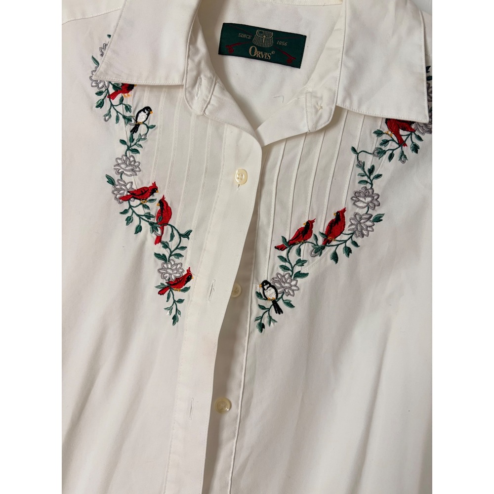 Orvis Womens White Embroidered Cardinal Bird Pintuck Button Down Shirt Size 8